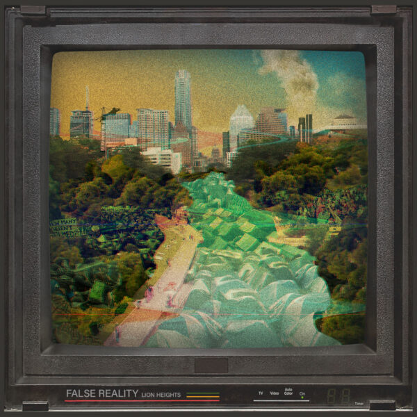 False Reality album artwork. Collage that looks like barton springs in Austin, Texas.